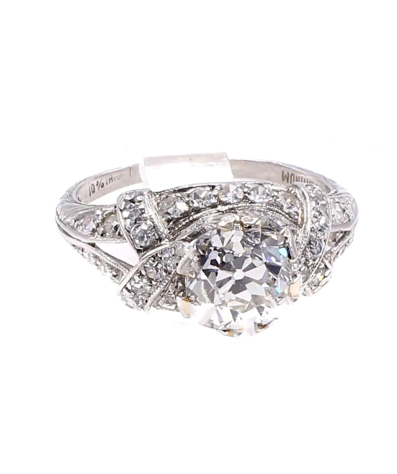 Women's or Men's Art Deco Old Mine Brilliant Certified Diamond Platinum Engagement Ring For Sale