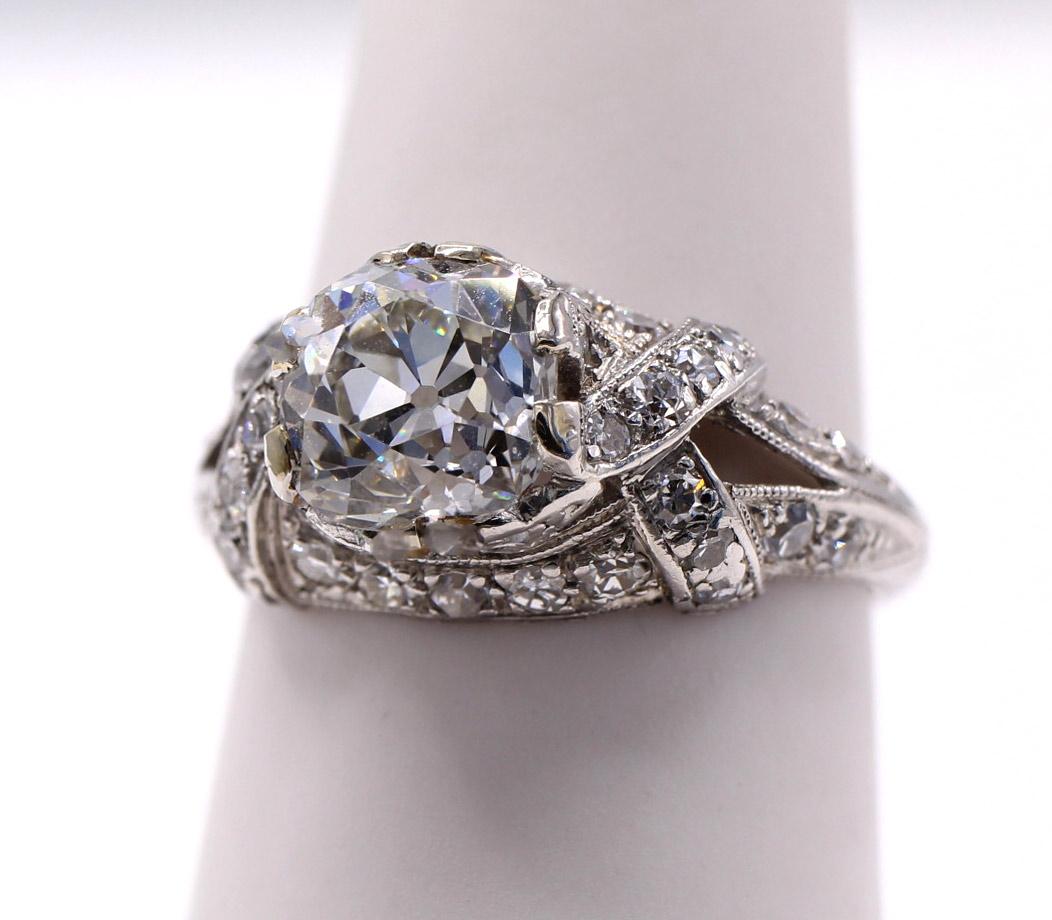 Art Deco Old Mine Brilliant Certified Diamond Platinum Engagement Ring For Sale 1