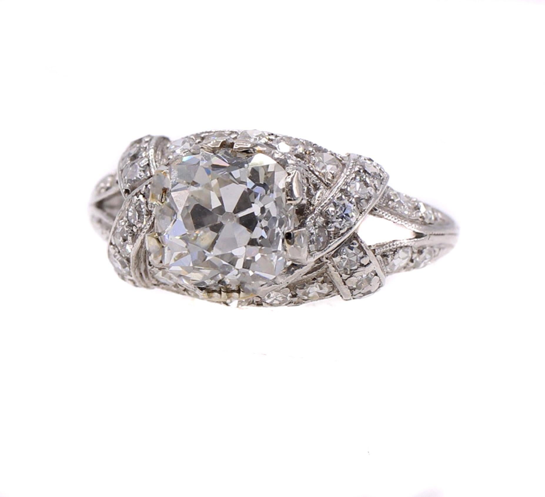 Art Deco Old Mine Brilliant Certified Diamond Platinum Engagement Ring For Sale 2