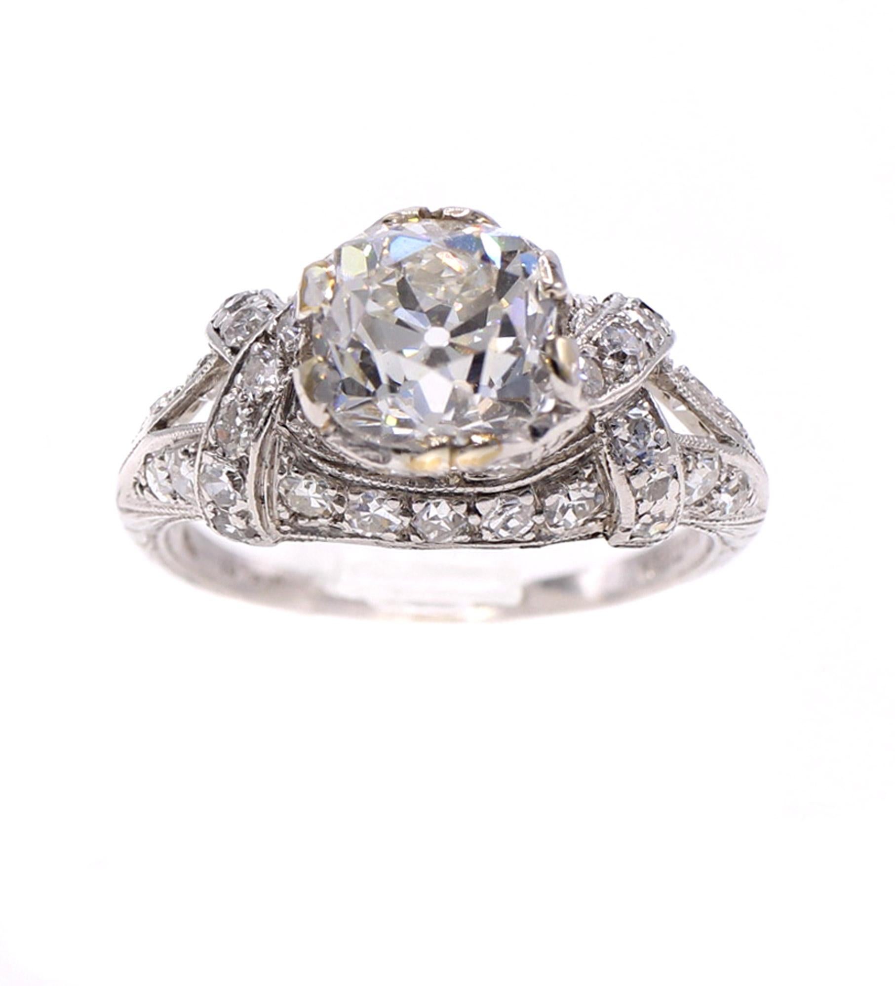 Art Deco Old Mine Brilliant Certified Diamond Platinum Engagement Ring For Sale 3