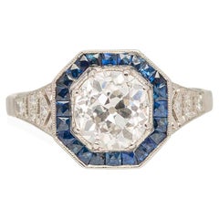 Art Deco Old Mine Cushion 1.49ctw Diamond + French Cut Sapphire Ring