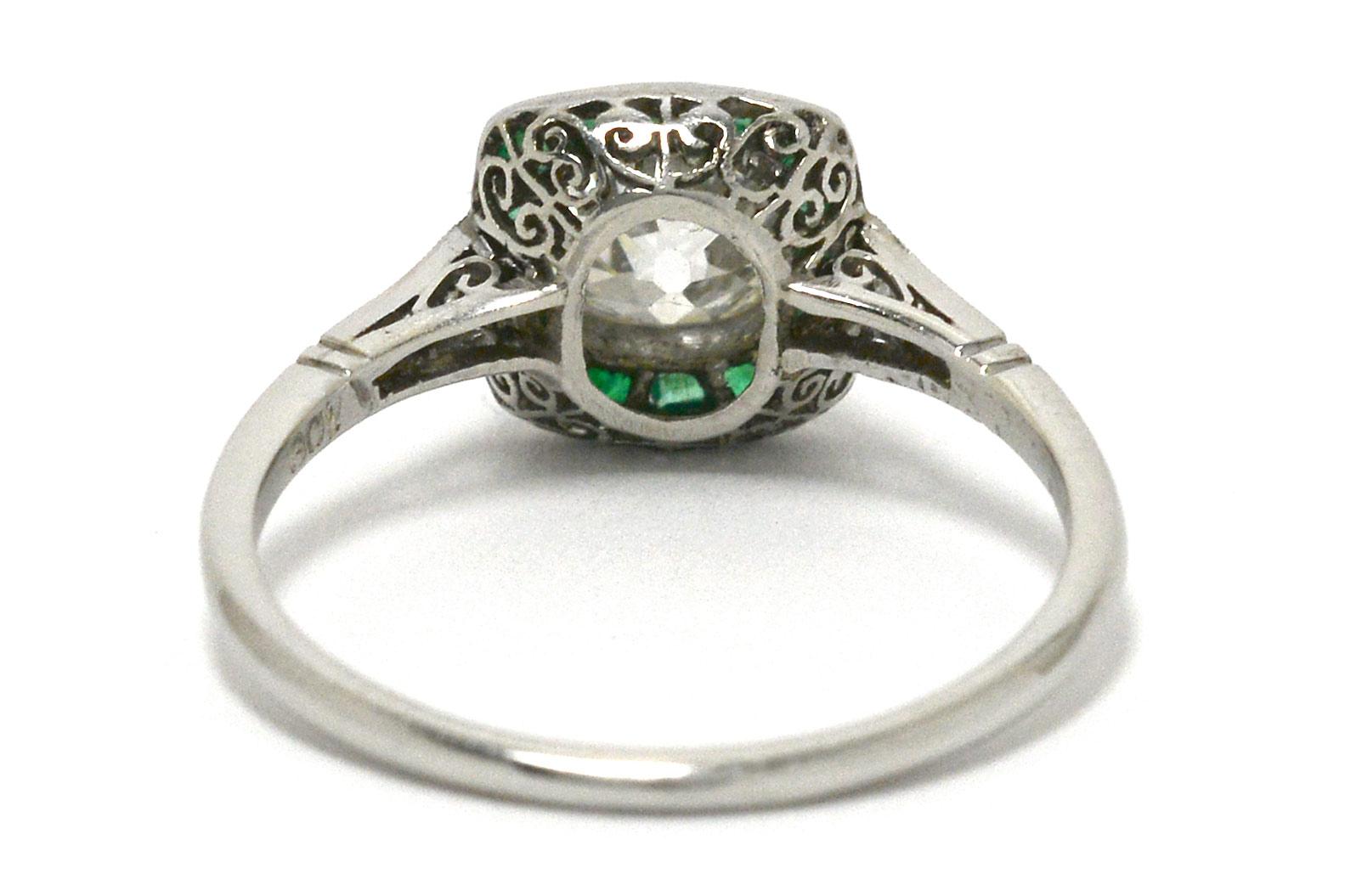 Old Mine Cut Art Deco Style Diamond Engagement Ring Emerald Halo Platinum Old Mine Cushion