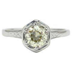 Art Deco 0.86ct Light Yellow Diamond Engraved Engagement Filigree Ring