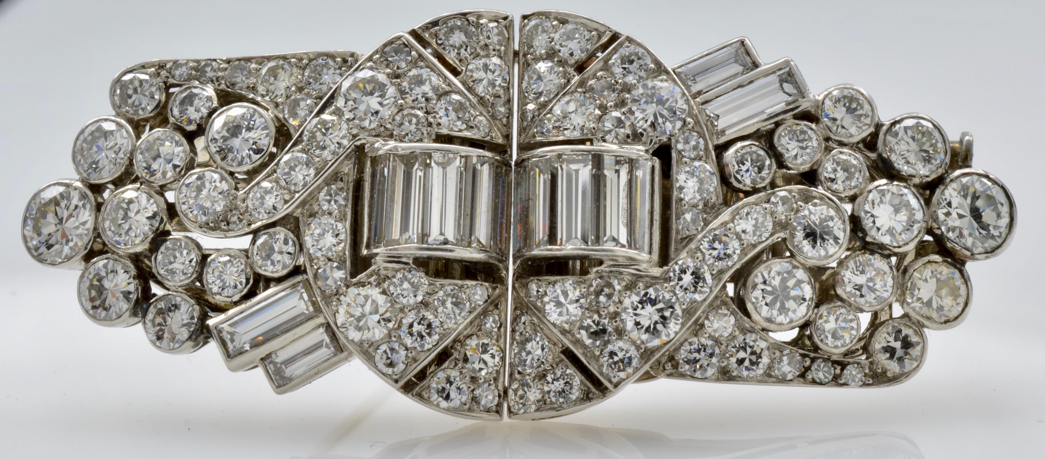 This exquisite Art Deco Diamond Brooch is full of beautiful baguette diamonds and pristine old mine cut diamonds which create depth and sparkle. The total weight of the baguette diamonds are 1.80 and the total weight of the old mine cuts are 4.80