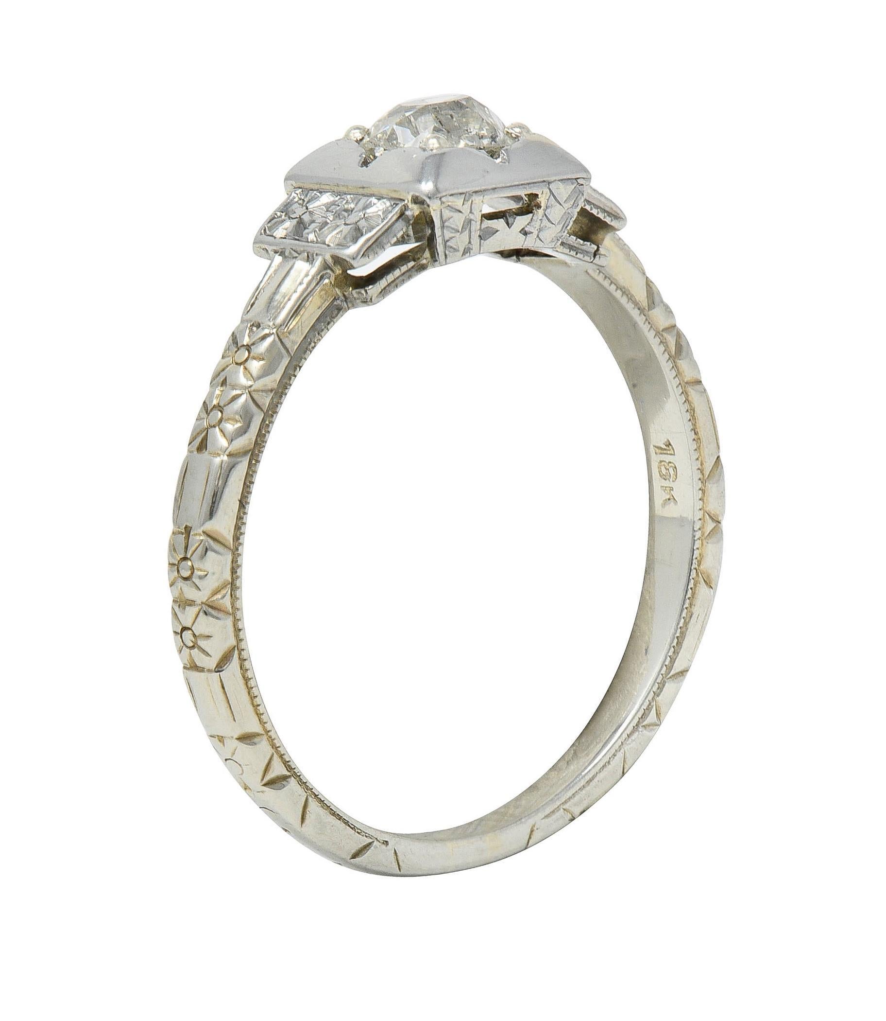 Art Deco Old Mine Cut Diamond 18K White Gold Vintage Blossom Engagement Ring For Sale 6