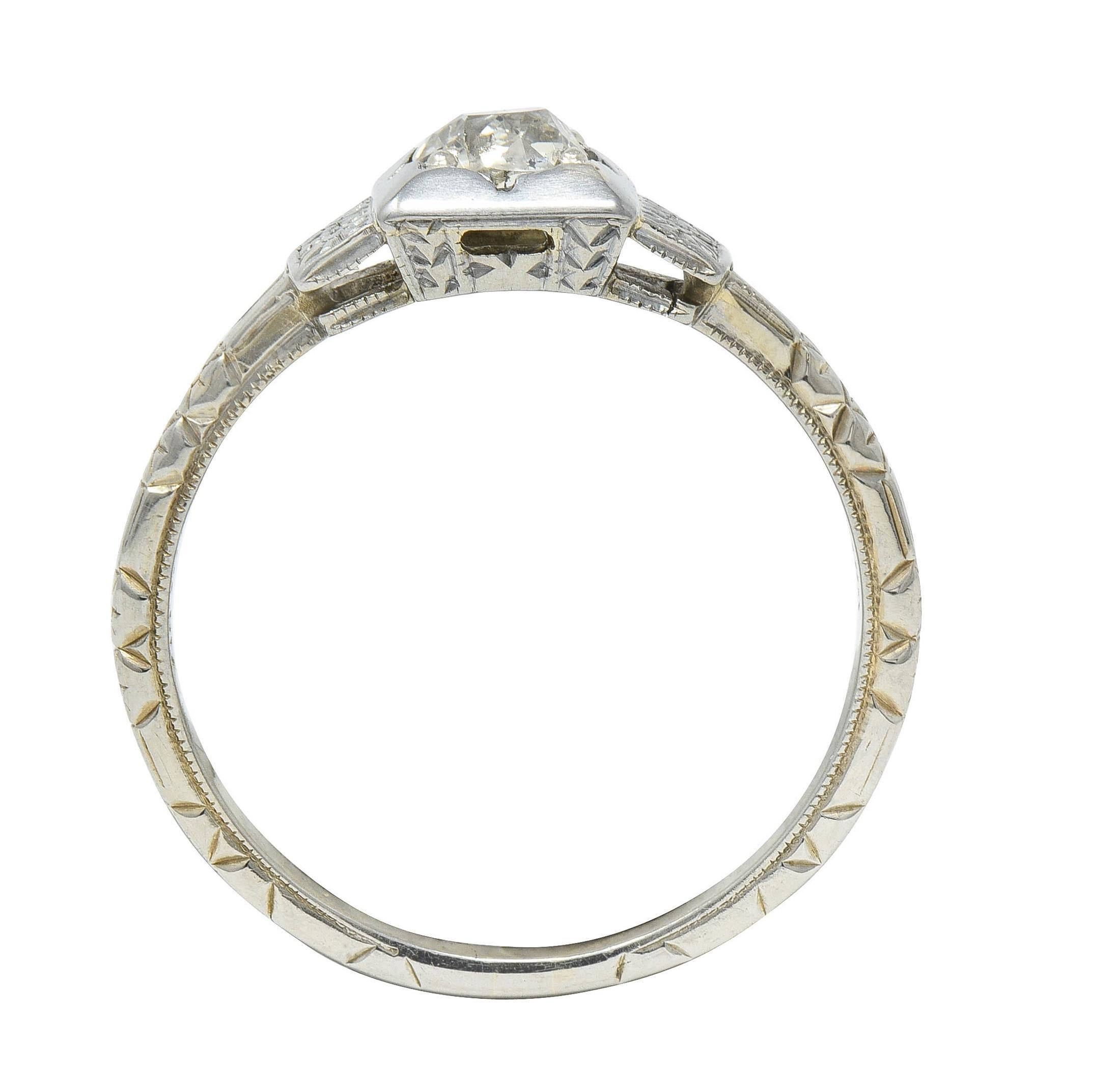 Art Deco Old Mine Cut Diamond 18K White Gold Vintage Blossom Engagement Ring For Sale 7