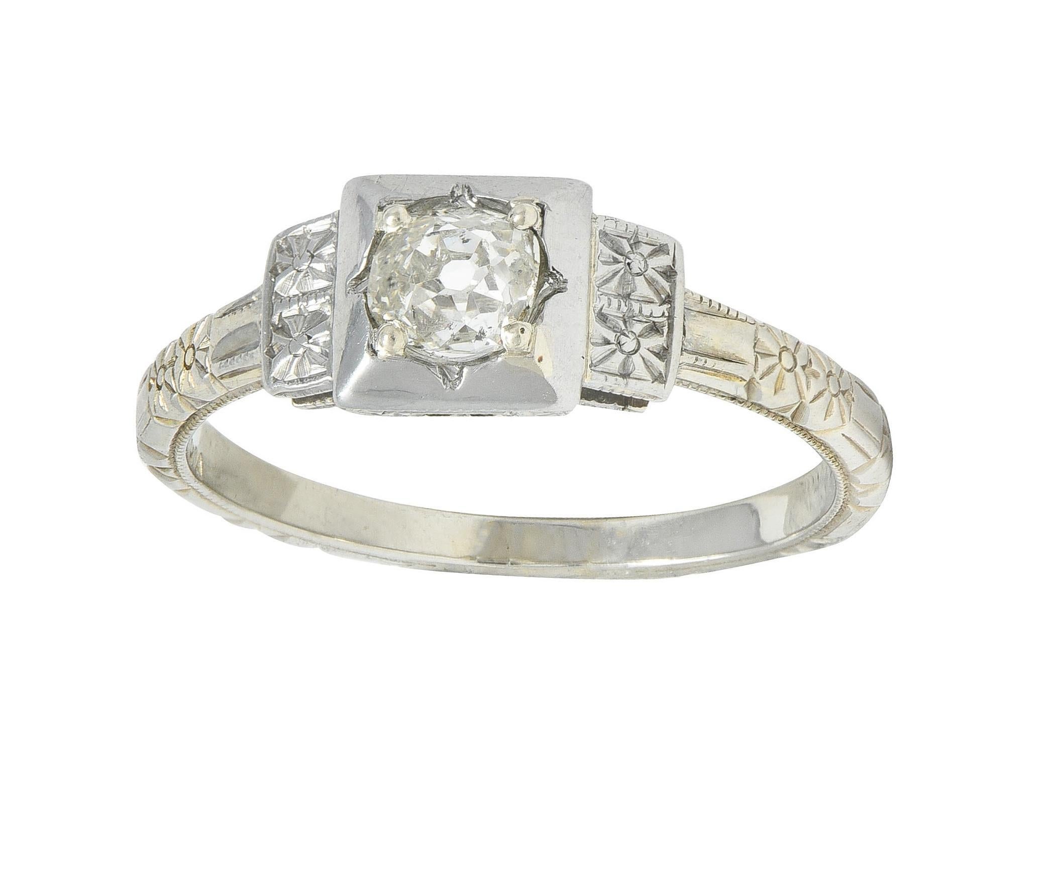 Art Deco Old Mine Cut Diamond 18K White Gold Vintage Blossom Engagement Ring For Sale 8