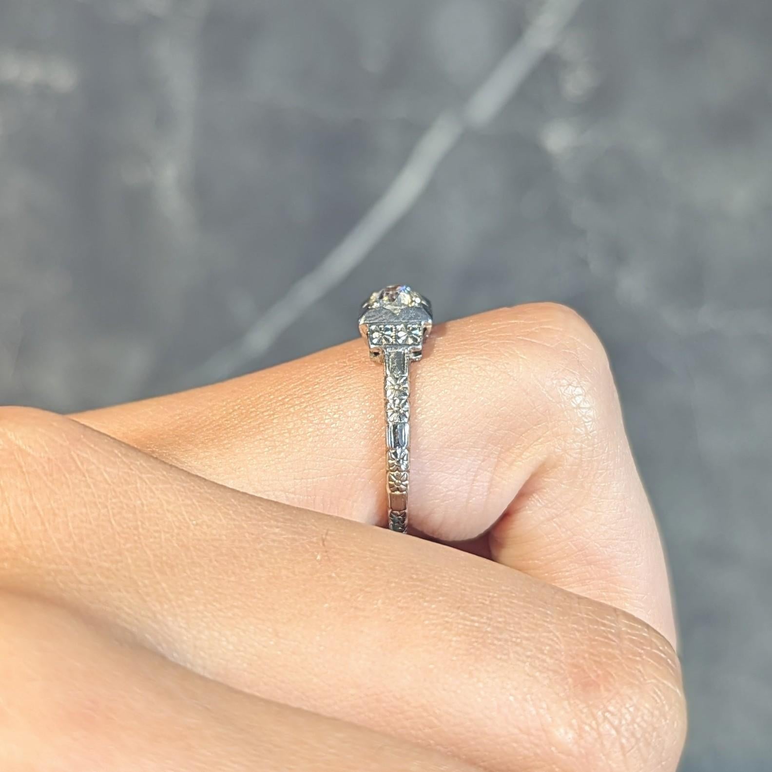 Art Deco Old Mine Cut Diamond 18K White Gold Vintage Blossom Engagement Ring For Sale 10