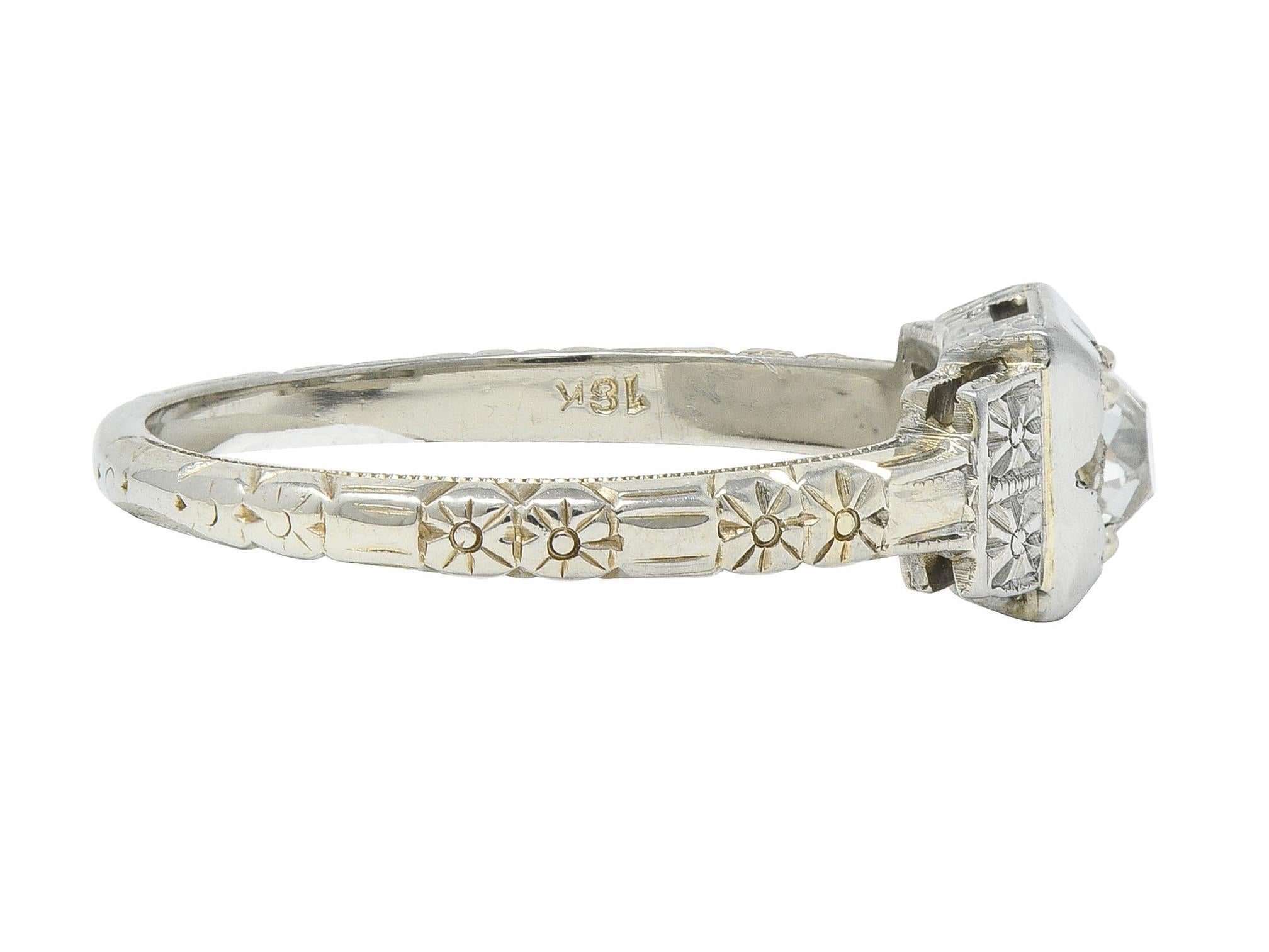 Women's or Men's Art Deco Old Mine Cut Diamond 18K White Gold Vintage Blossom Engagement Ring For Sale