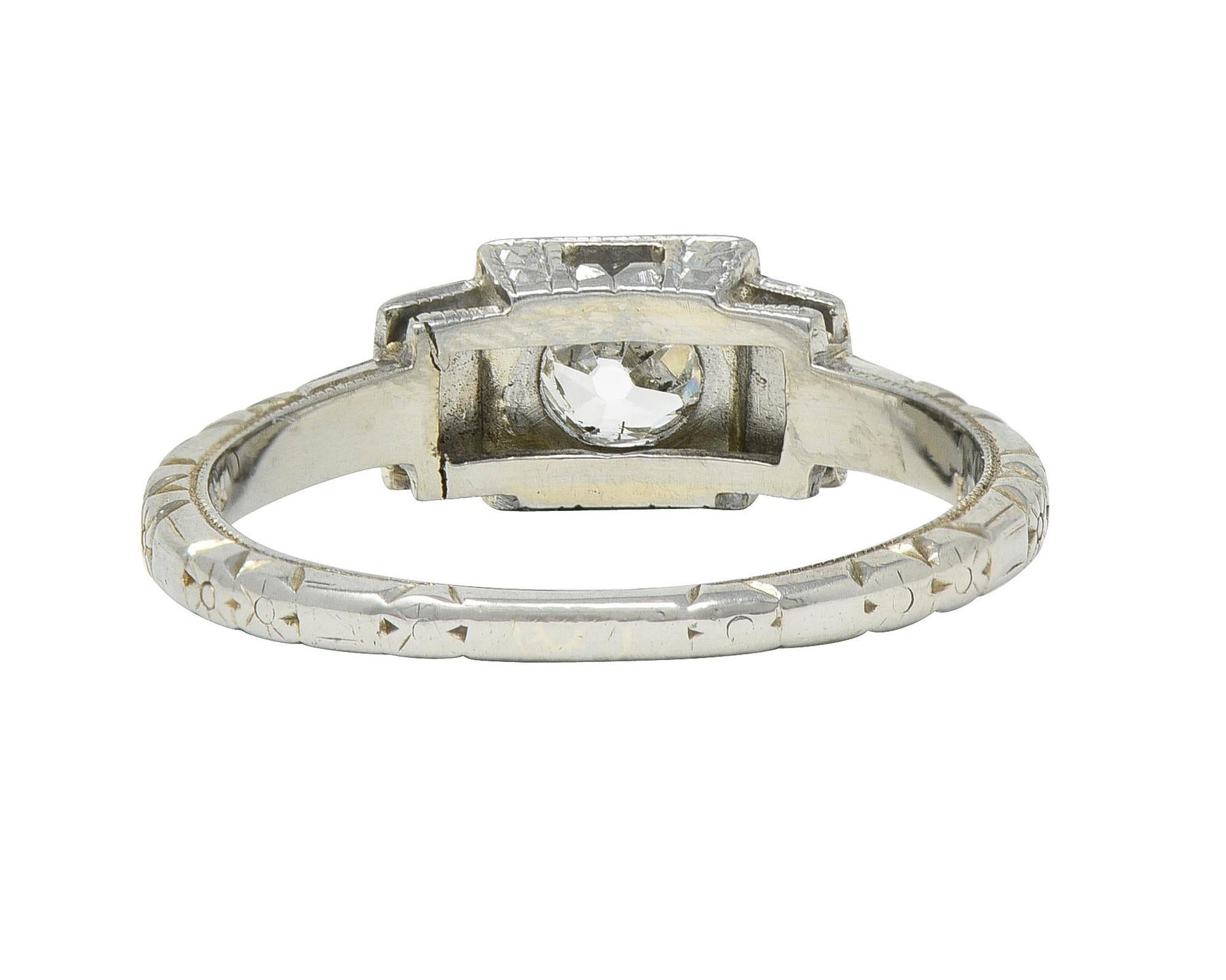 Art Deco Old Mine Cut Diamond 18K White Gold Vintage Blossom Engagement Ring For Sale 1