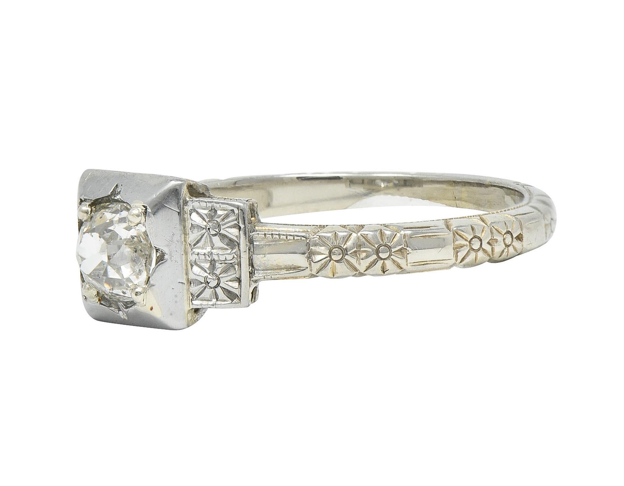 Art Deco Old Mine Cut Diamond 18K White Gold Vintage Blossom Engagement Ring For Sale 2