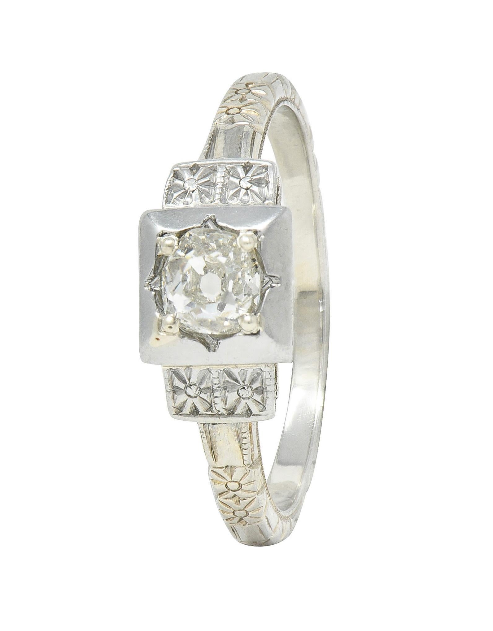 Art Deco Old Mine Cut Diamond 18K White Gold Vintage Blossom Engagement Ring For Sale 5