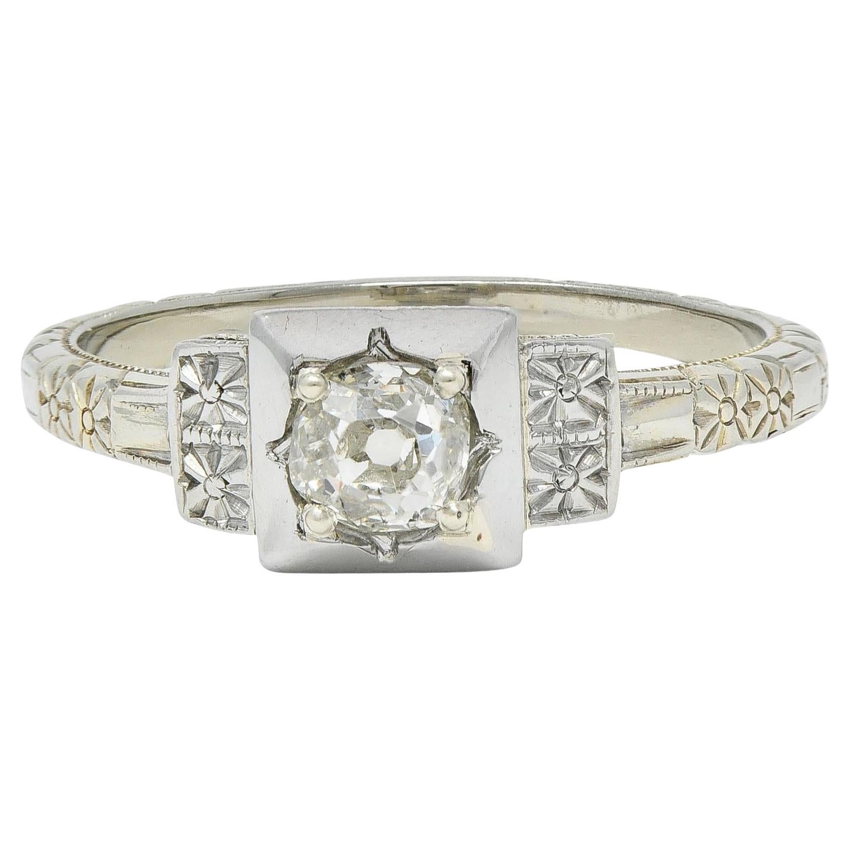 Art Deco Old Mine Cut Diamond 18K White Gold Vintage Blossom Verlobungsring