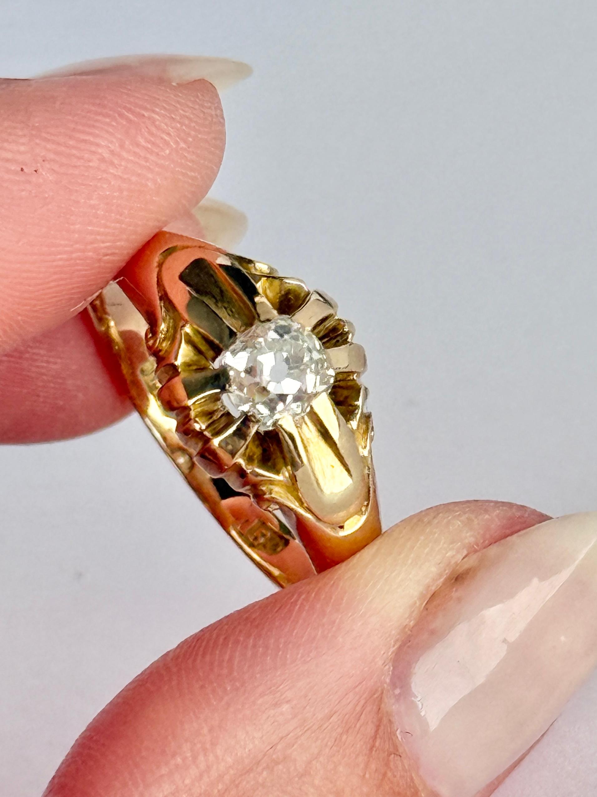 Women's or Men's Art Deco Old Mine Cut Diamond and 15 Carat Gold Solitaire Band For Sale