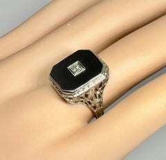 Art Deco Old Mine Cut Diamond Black Onyx Ring 14K White Gold Wedding Victorian