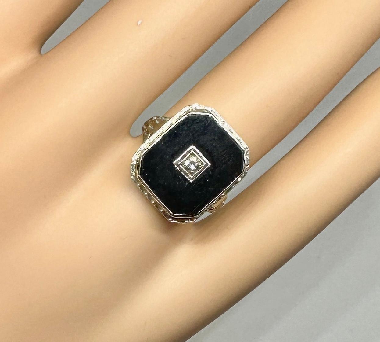 Art Deco Old Mine Cut Diamond Black Onyx Ring 14K White Gold Wedding Victorian In Excellent Condition For Sale In New York, NY