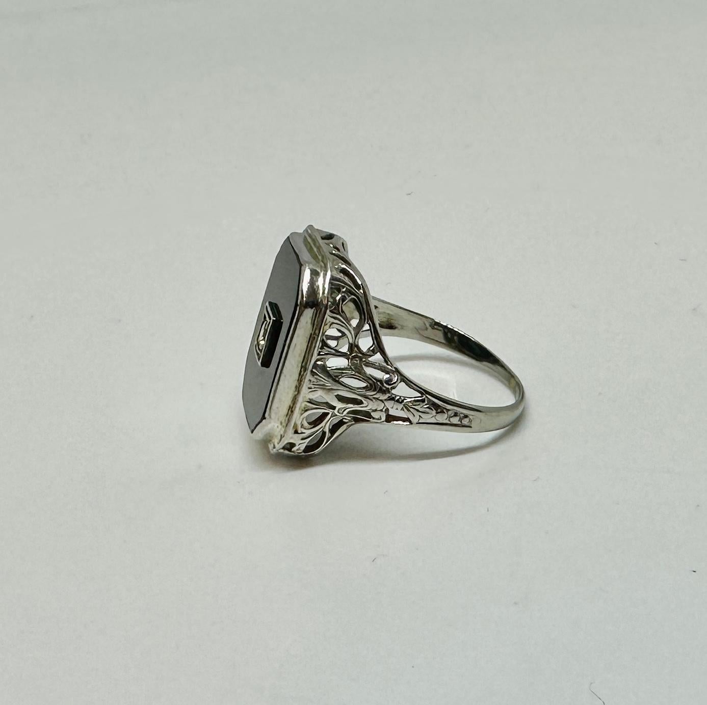 Women's or Men's Art Deco Old Mine Cut Diamond Black Onyx Ring 14K White Gold Wedding Victorian For Sale