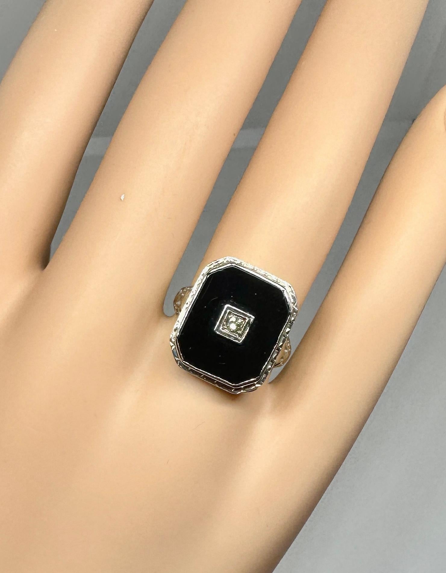 Art Deco Old Mine Cut Diamond Black Onyx Ring 14K White Gold Wedding Victorian For Sale 1
