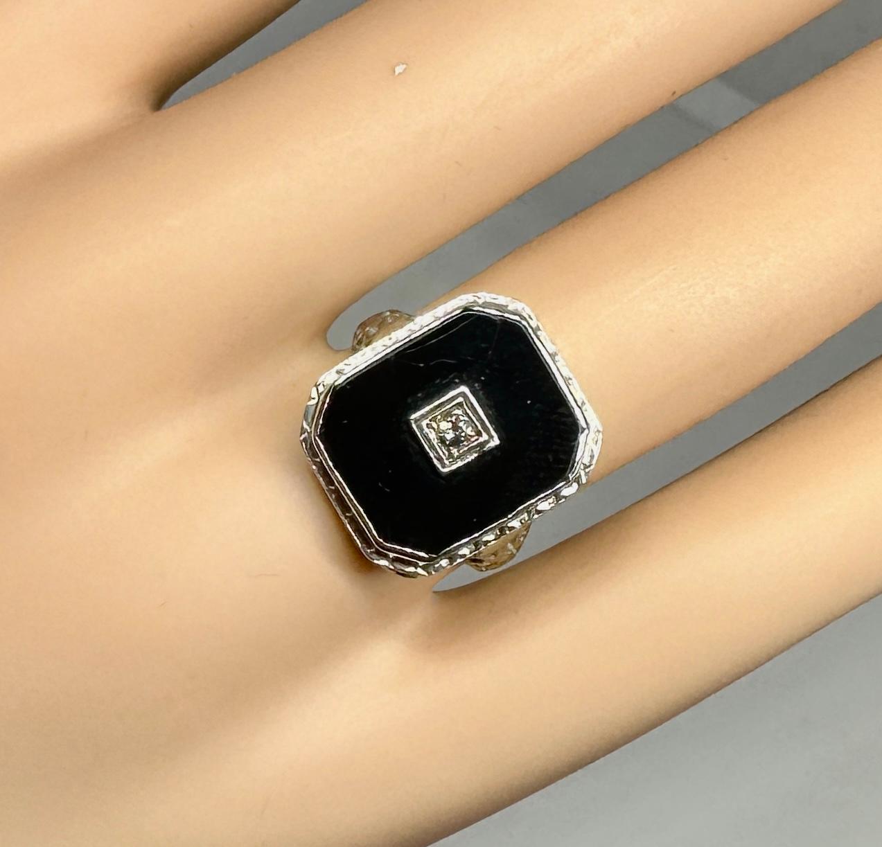Art Deco Old Mine Cut Diamond Black Onyx Ring 14K White Gold Wedding Victorian For Sale 2