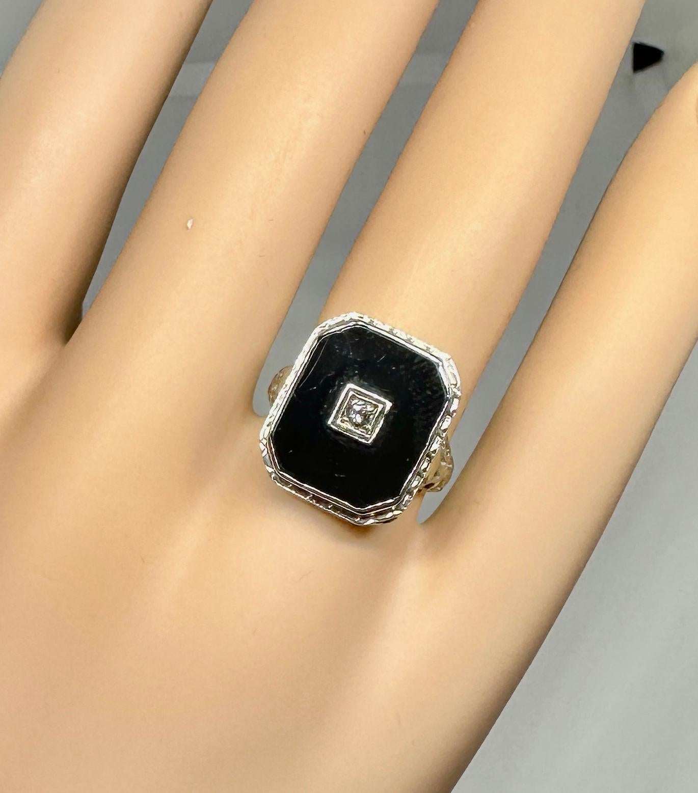 Art Deco Old Mine Cut Diamond Black Onyx Ring 14K White Gold Wedding Victorian For Sale 3