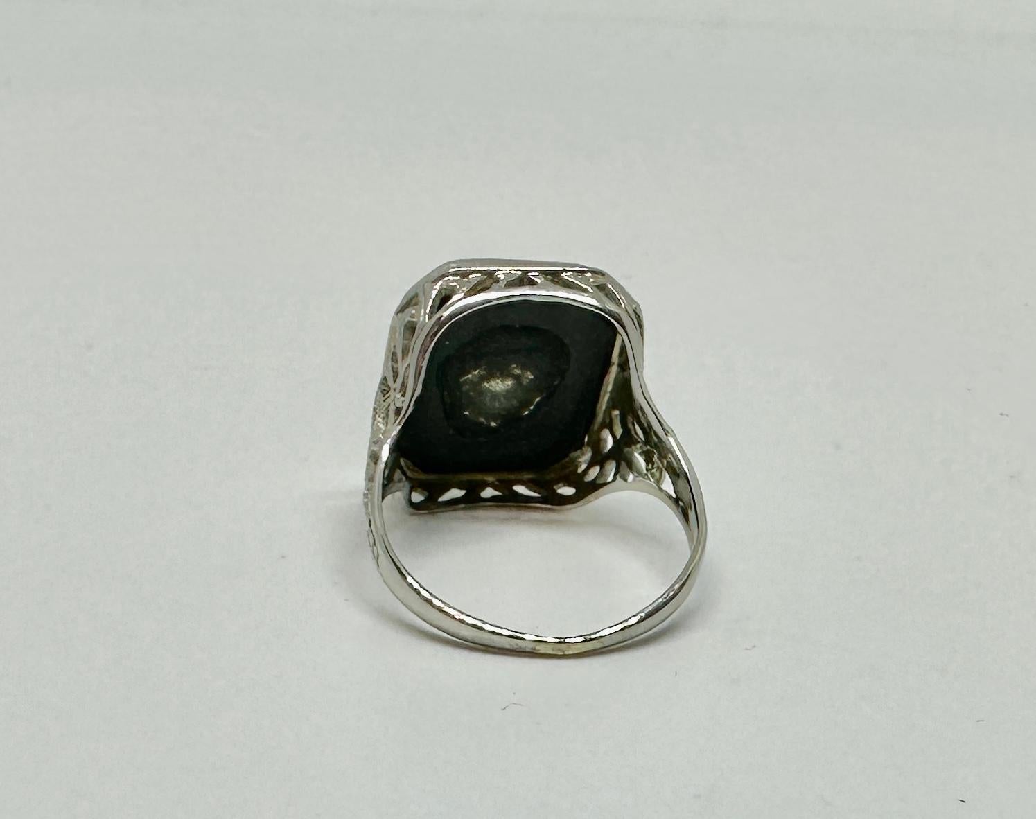 Art Deco Old Mine Cut Diamond Black Onyx Ring 14K White Gold Wedding Victorian For Sale 5