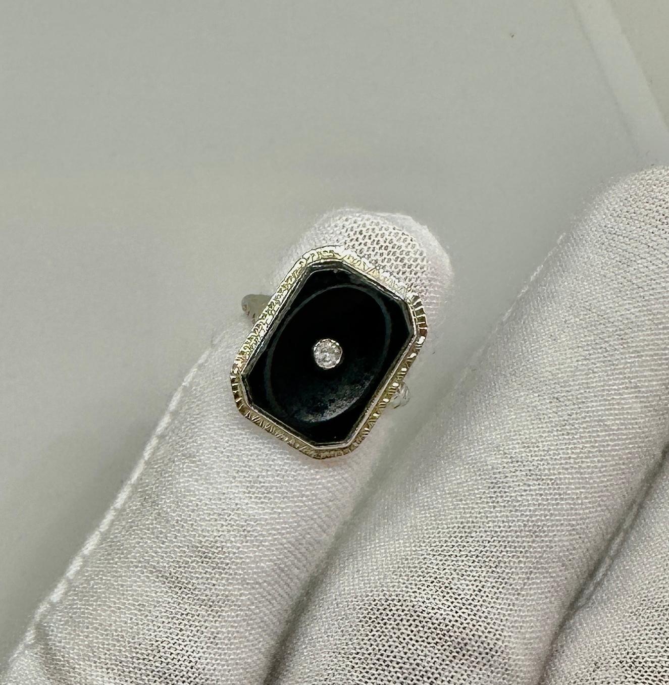 Art Deco Old Mine Cut Diamond Black Onyx Ring Edwardian White Gold Wedding For Sale 1
