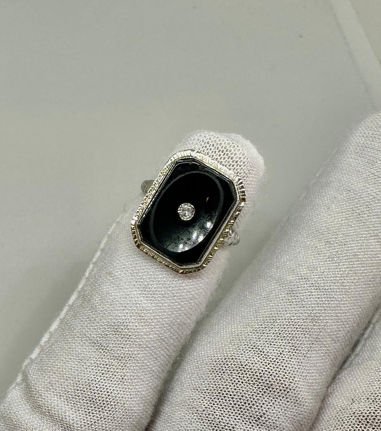 Art Deco Old Mine Cut Diamond Black Onyx Ring Edwardian White Gold Wedding For Sale 2