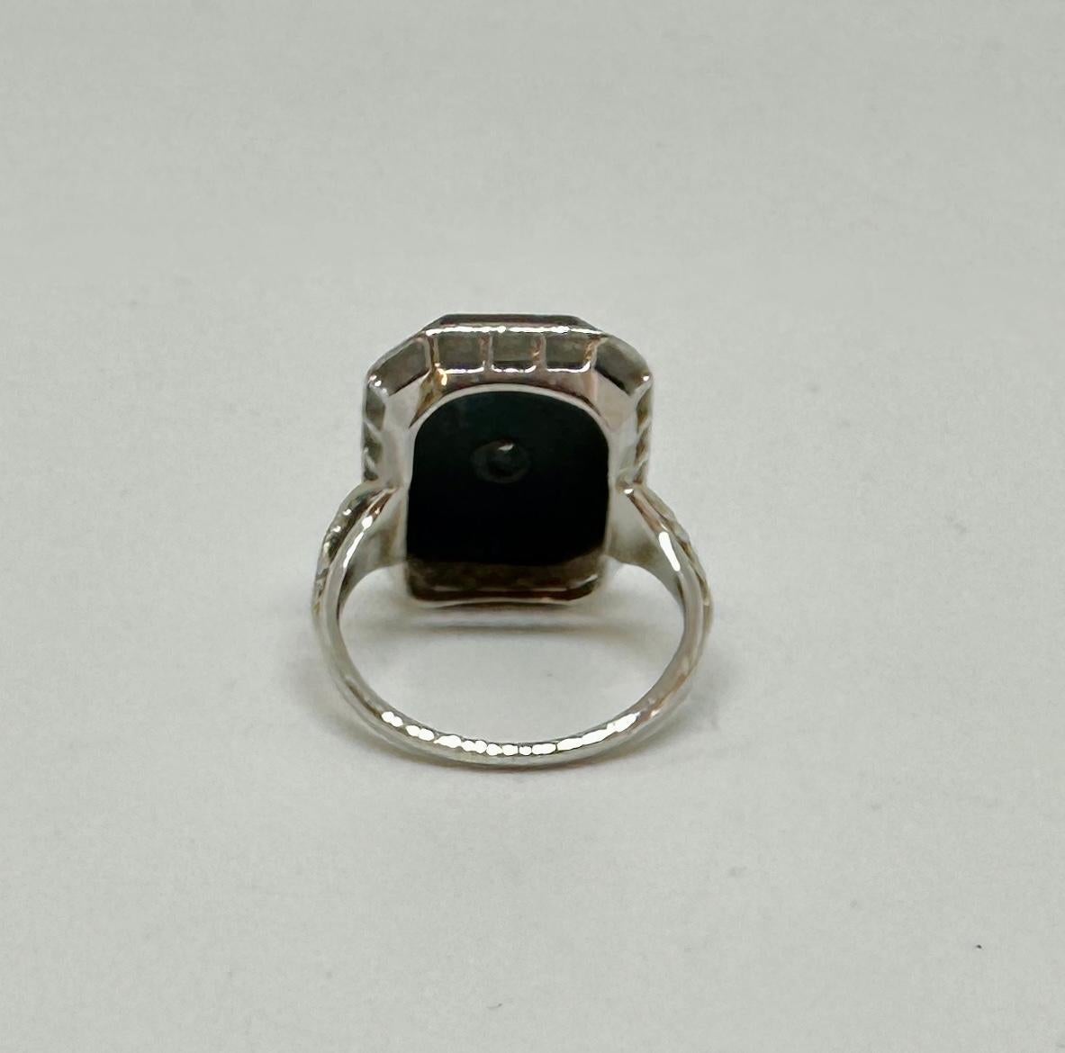 Art Deco Old Mine Cut Diamond Black Onyx Ring Edwardian White Gold Wedding For Sale 4