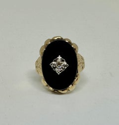 Art Deco Old Mine Cut Diamond Black Onyx Ring Victorian 14 Karat White Rose Gold