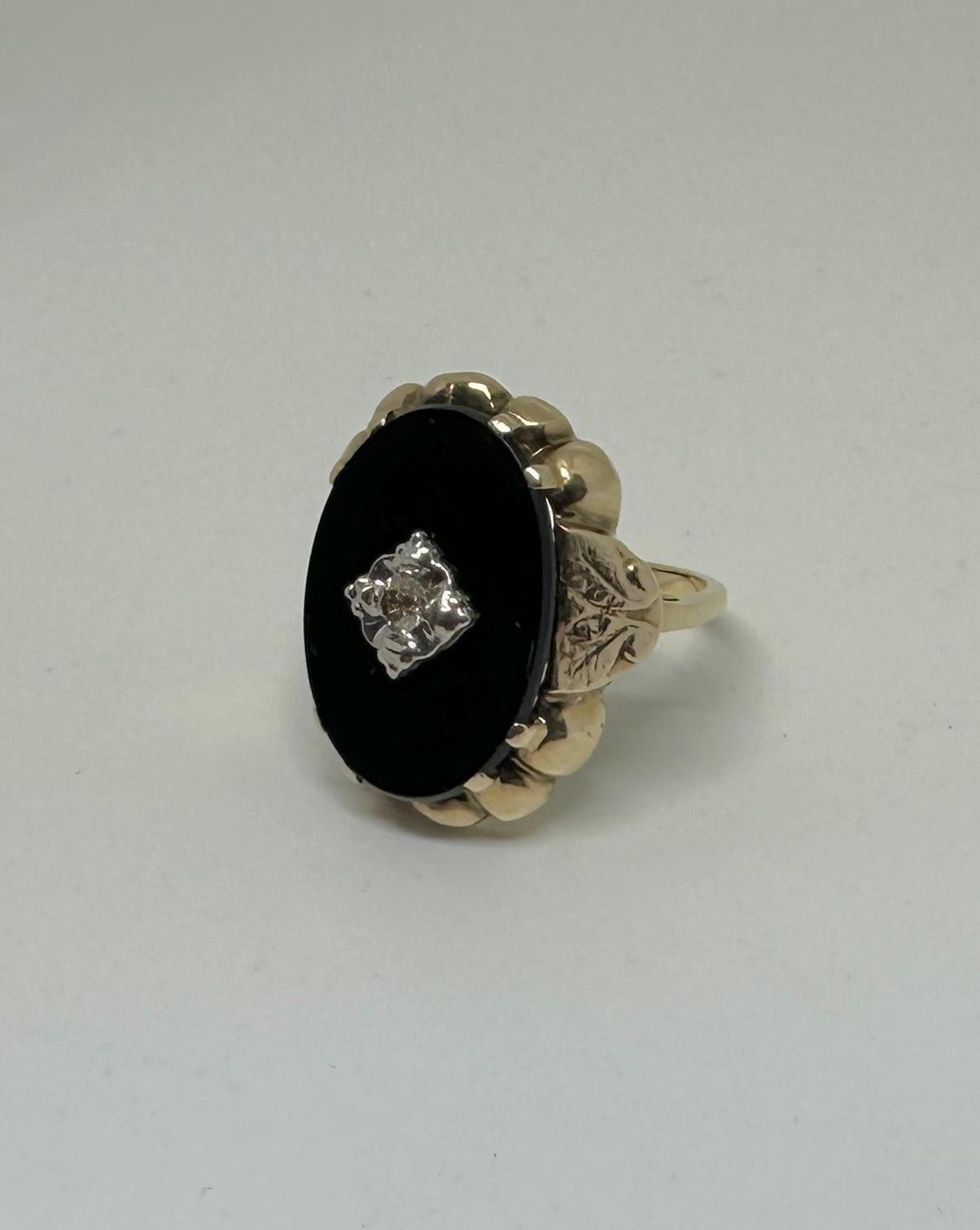 Art Deco Old Mine Cut Diamond Black Onyx Ring Victorian 14 Karat White Rose Gold In Excellent Condition For Sale In New York, NY