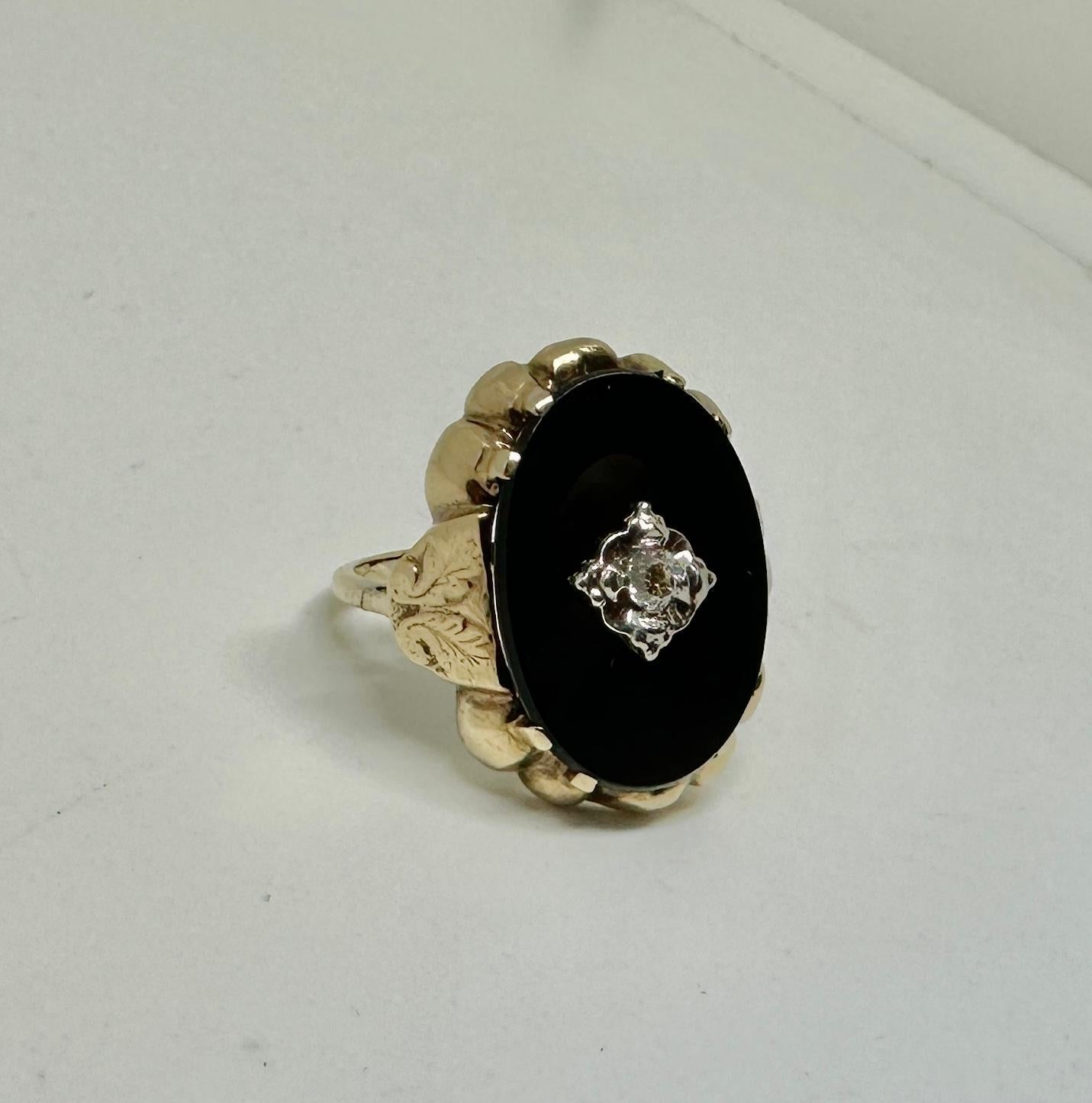 Women's or Men's Art Deco Old Mine Cut Diamond Black Onyx Ring Victorian 14 Karat White Rose Gold For Sale