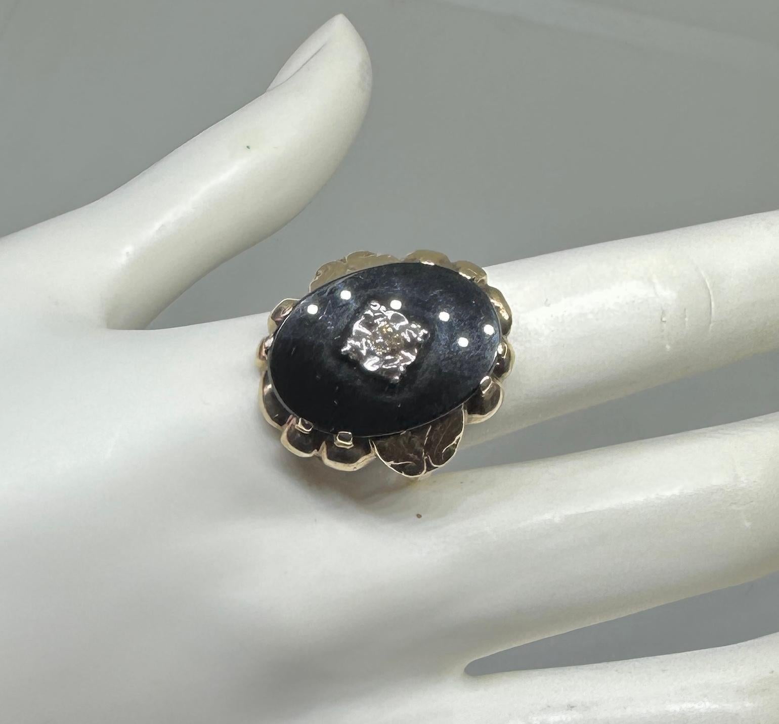 Art Deco Old Mine Cut Diamond Black Onyx Ring Victorian 14 Karat White Rose Gold For Sale 1