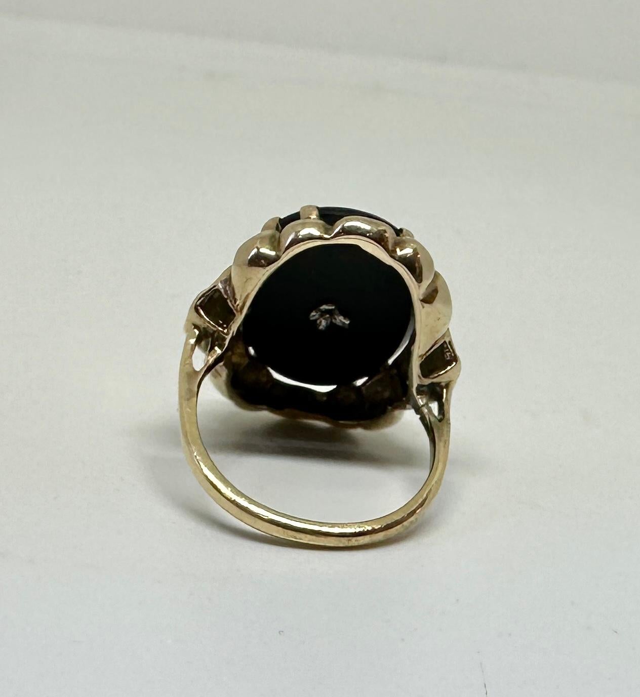Art Deco Old Mine Cut Diamond Black Onyx Ring Victorian 14 Karat White Rose Gold For Sale 3