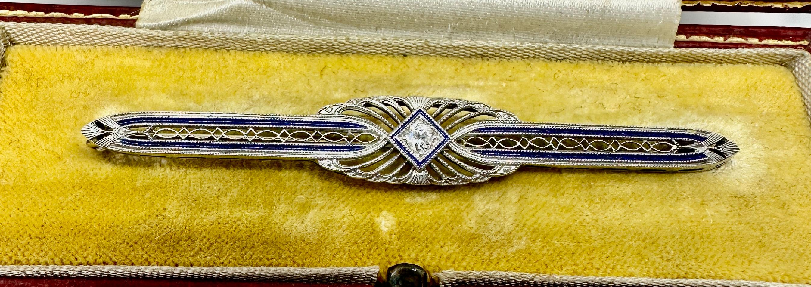 Art Deco Old Mine Cut Diamond Blue Enamel Bar Brooch Pin Antique Edwardian Box In Excellent Condition For Sale In New York, NY