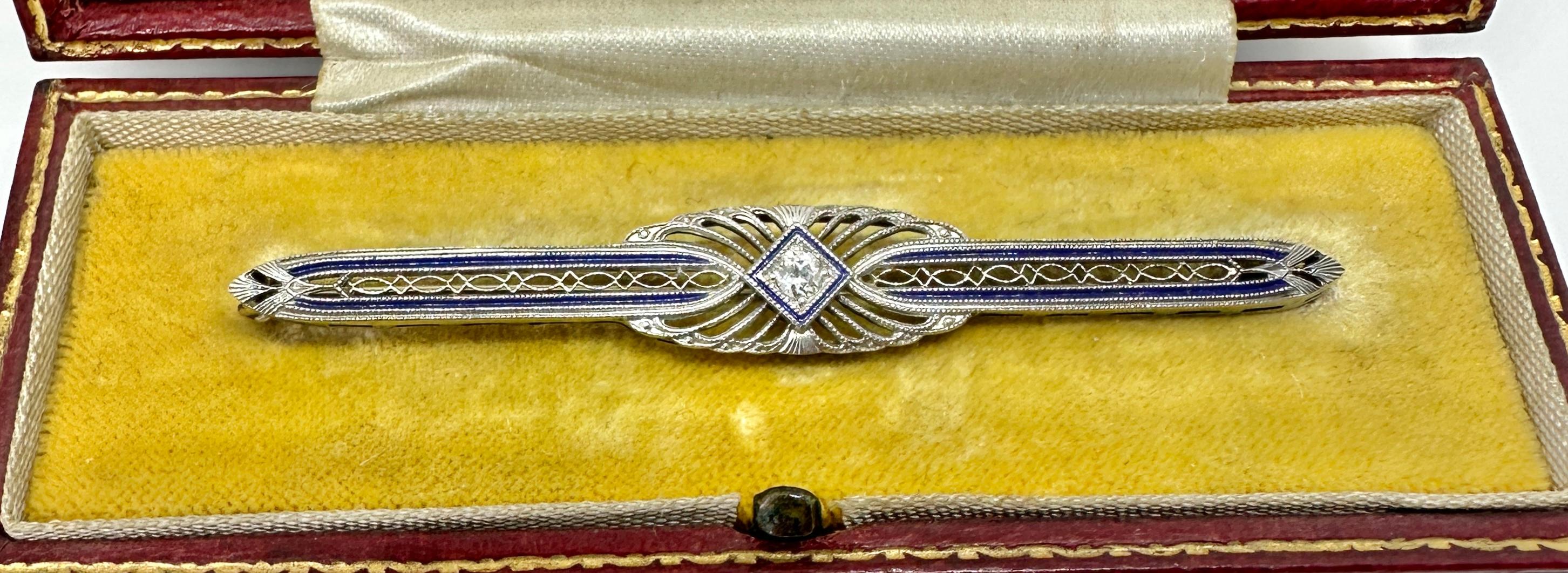 Art Deco Old Mine Cut Diamond Blue Enamel Bar Brooch Pin Antique Edwardian Box For Sale 2