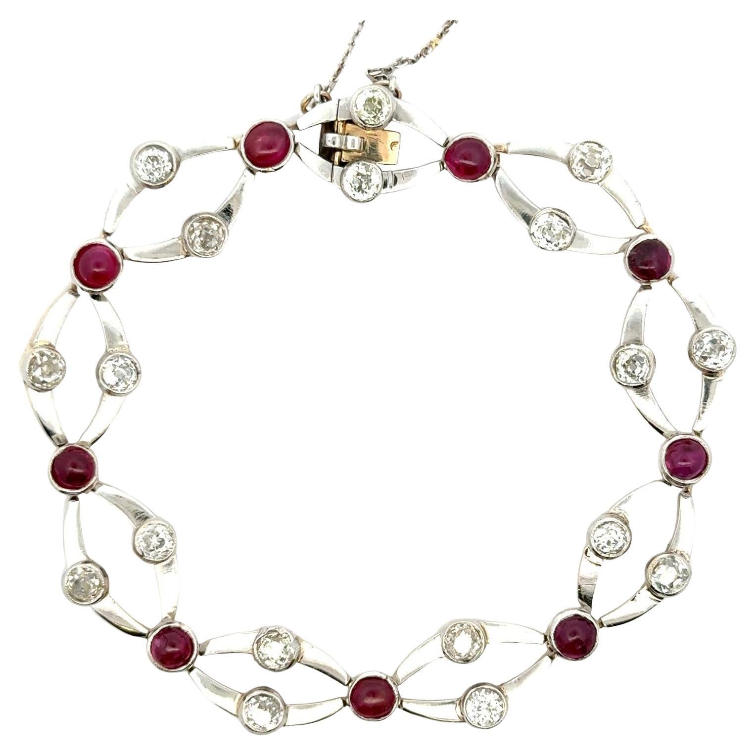 Art Deco Old Mine Cut Diamond Cabochon Ruby Platinum Yellow Gold Link Bracelet