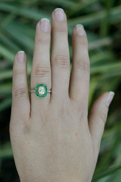 Art Deco Old Mine Cut Diamond Emerald Antiker Verlobungsring