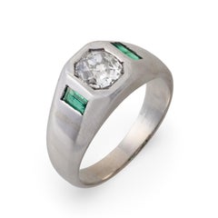 Art Deco old mine cut diamond emerald platinum ring