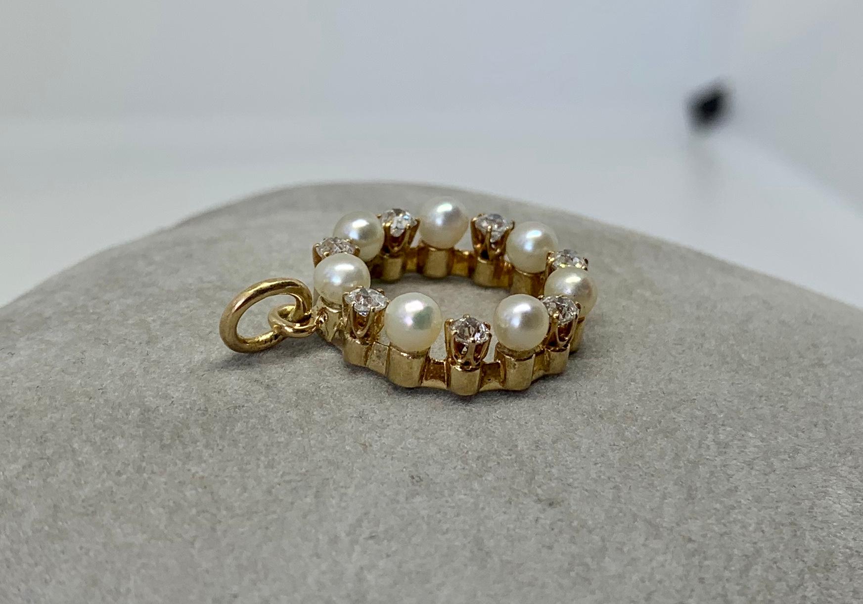 Art Deco Old Mine Cut Diamond Pearl Circle Pendant Necklace 14K Gold For Sale 6