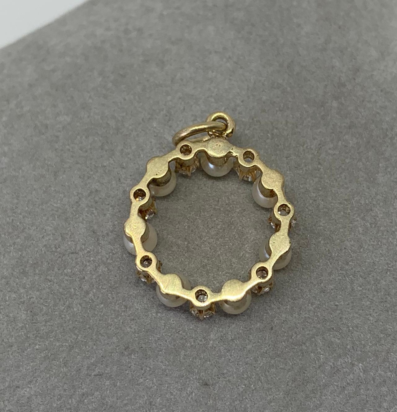 Art Deco Old Mine Cut Diamond Pearl Circle Pendant Necklace 14K Gold For Sale 7