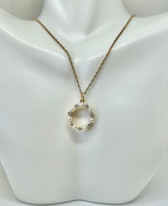 Art Deco Old Mine Cut Diamond Pearl Circle Pendant Necklace 14K Gold