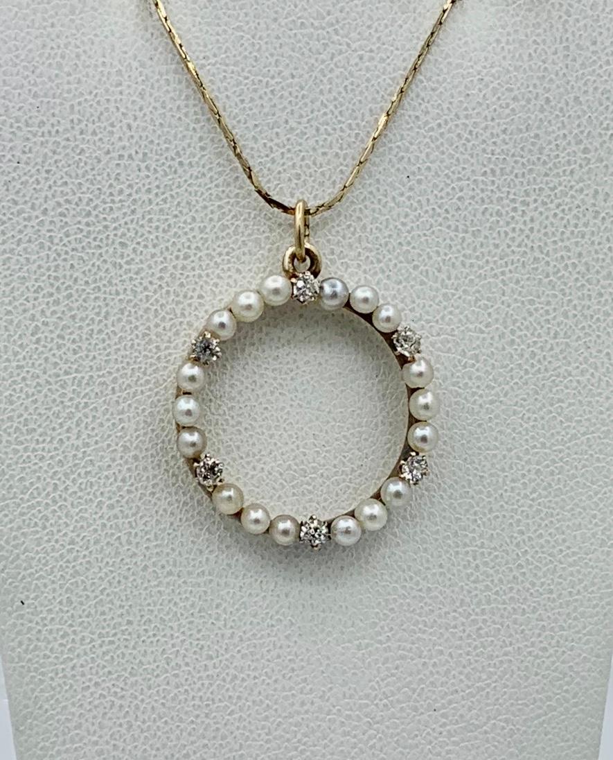 Art Deco Old Mine Cut Diamond Pearl Circle Pendant Necklace 14K Gold For Sale 2