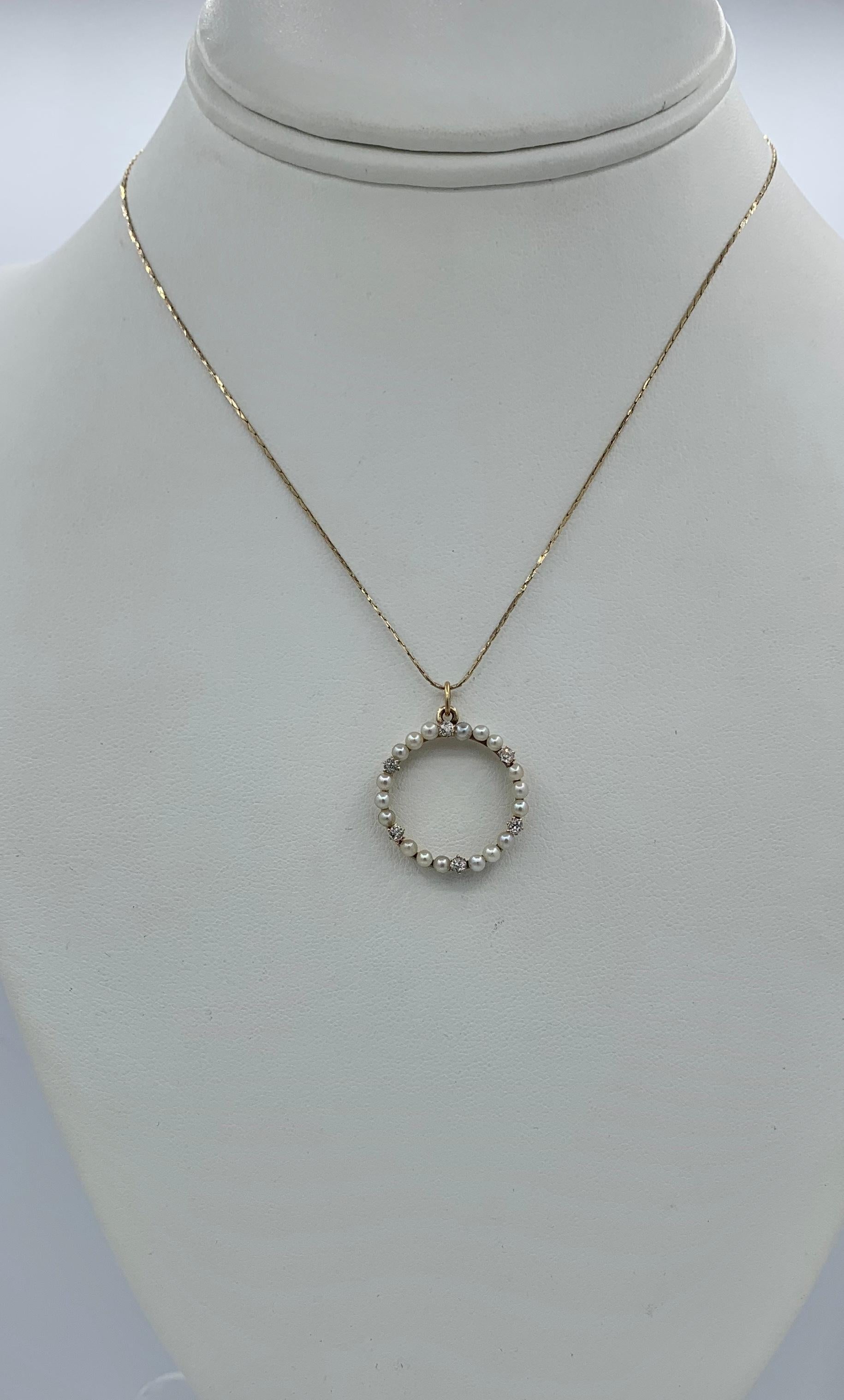 Art Deco Old Mine Cut Diamond Pearl Circle Pendant Necklace 14K Gold For Sale 3