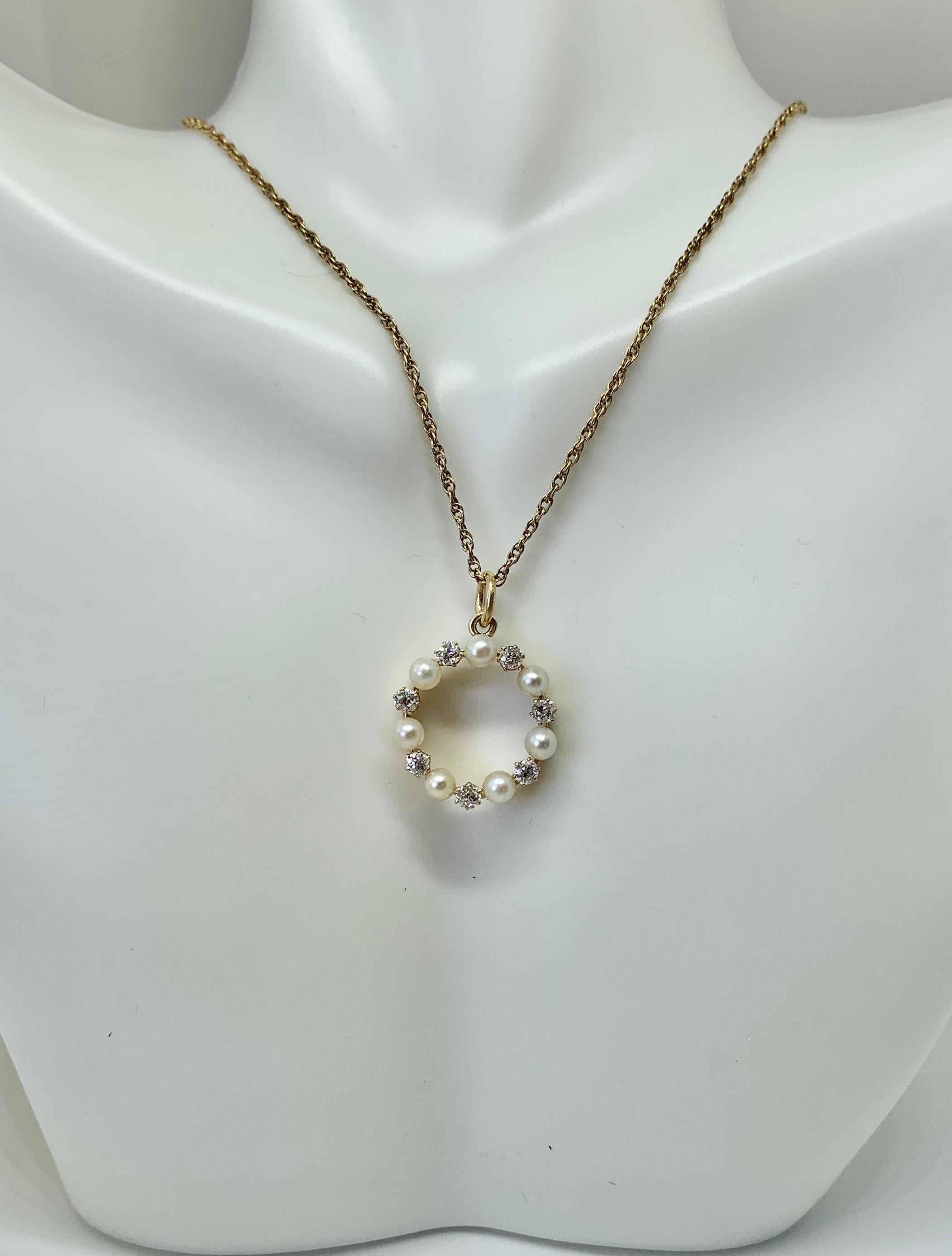 Art Deco Alt Minenschliff Diamant Perle Kreis Anhänger Halskette 14K Gold im Angebot 1
