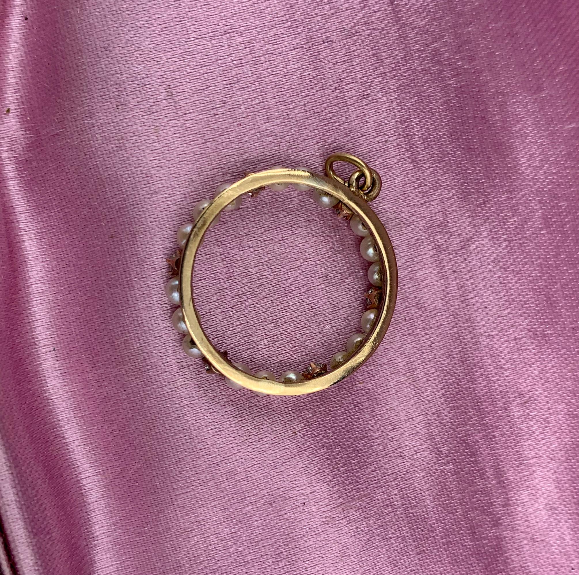 Art Deco Old Mine Cut Diamond Pearl Circle Pendant Necklace 14K Gold For Sale 4