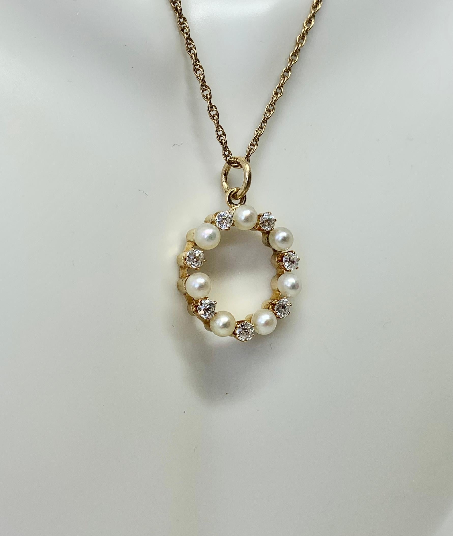 Art Deco Old Mine Cut Diamond Pearl Circle Pendant Necklace 14K Gold For Sale 4