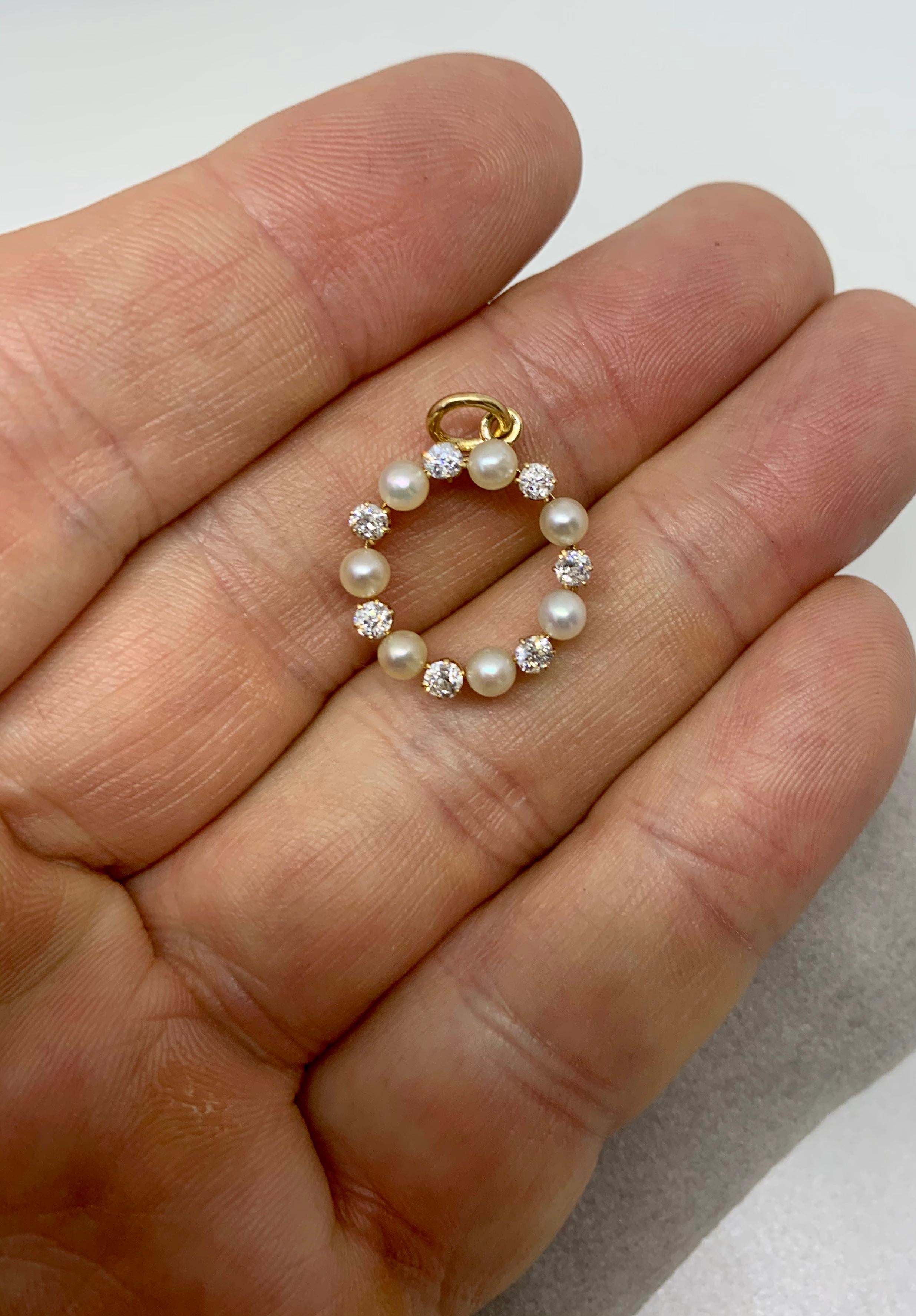 Art Deco Old Mine Cut Diamond Pearl Circle Pendant Necklace 14K Gold For Sale 5