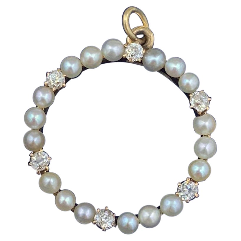 Halskette mit Anhänger, Diamant im alten Minenschliff und Perlen, 14 Karat Gold im Angebot