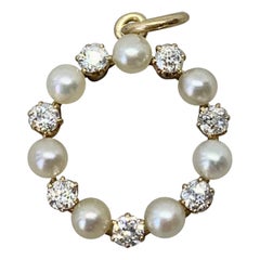 Collana con ciondolo a forma di cerchio in oro 14 carati con diamante taglio miniera Art Deco