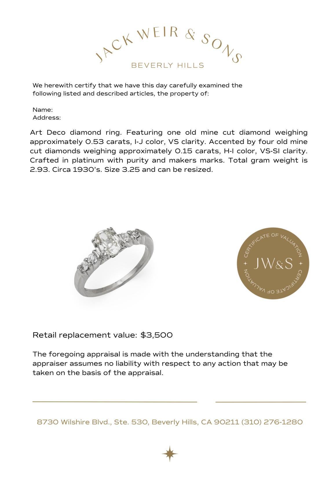 Bague de fiançailles Art déco en platine avec un diamant de taille ancienne. en vente 3